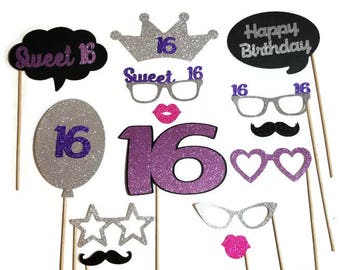 SWEET 16 Photo Booth Props- 14pc Photo Booth Props With Glitter- Pick Your Glitter Color