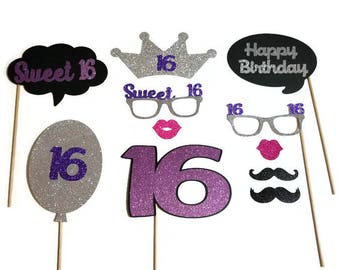 SWEET 16 Photo Booth Props- 11pc Photo Booth Props With Glitter