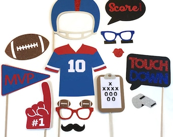 Photo Booth Props- 13 Piece Football Set- Super Bowl Photo Booth- You Choose Your Team Colors-Photo Booth Props With Glitter