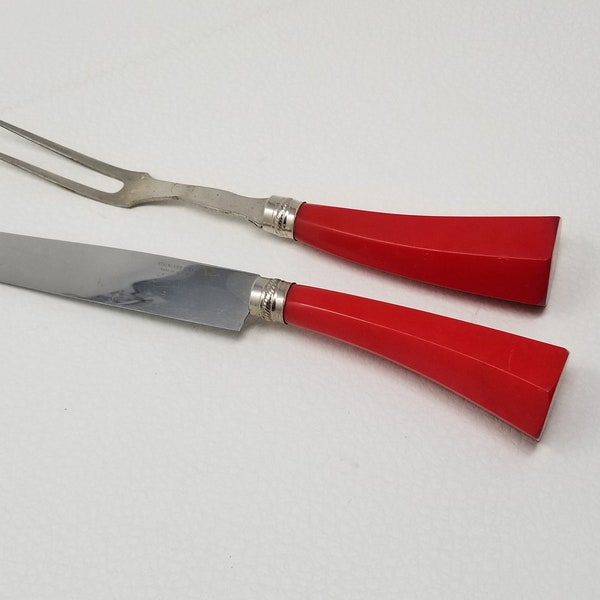 Vintage Red Bakelite Carving Set Stainless Steel Blade