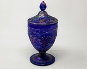 Vintage Aurora Jewels Grape Covered Candy Jar Cobalt Blue Carnival Glass by Imperial Glass