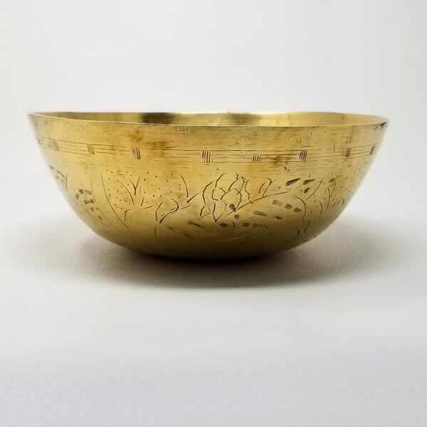Vintage Chinese Brass Etched  Bowl 10 Inch Bowl