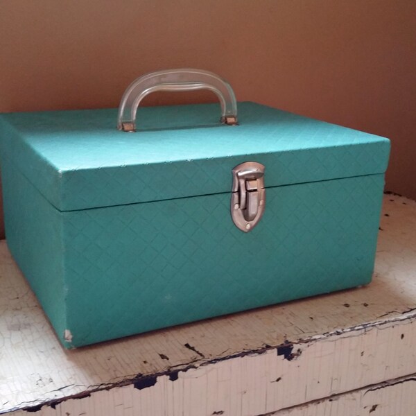 Quilted Sea Green Sewing Box Vintage Craft Carry Case