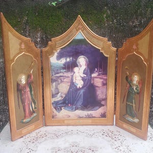 Vintage Large Florentine Triptych Madonna with  Child and Angels