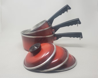Mid Century Club Aluminum Poppy Red Saucepan Set 3 Nesting Pots Retro MCM Kitchen