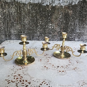 Baldwin Petit Pair Brass Three Arm Candelabras Solid Brass Hollywood Regency