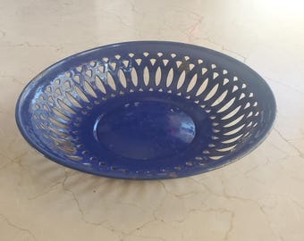 Vintage German Enamel Pierced Dish – Cobalt Blue