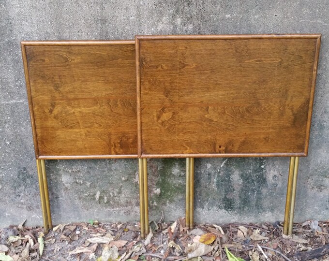 Mid Century Solid Wood Tray Tables With Metal Legs Pair Etsy