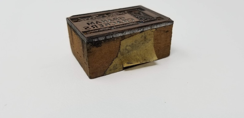 Vintage Wood Letterpress Printing Block Shur Good Biscuit Company Graham Crackers Advertising Stamp