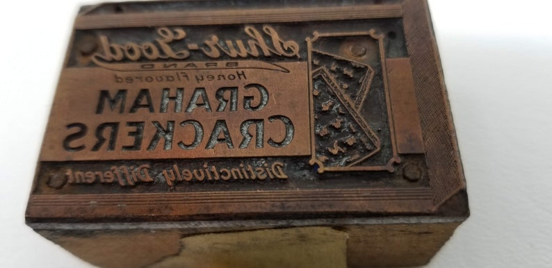 Vintage Wood Letterpress Printing Block Shur Good Biscuit Company Graham Crackers Advertising Stamp