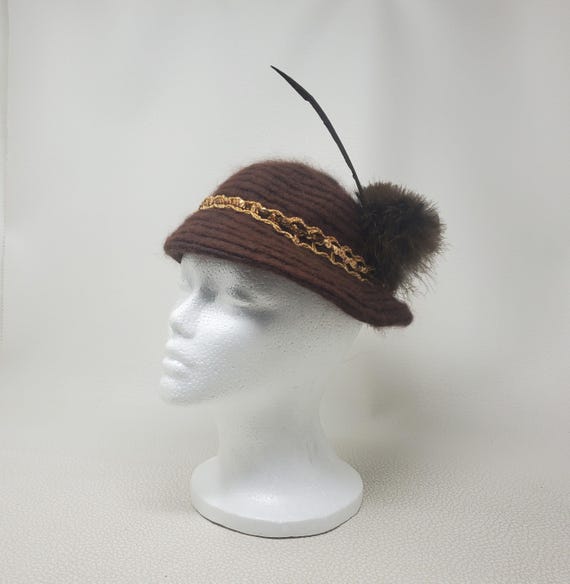 Vintage Brown Bowler Tilt Feather Embellished Alpine Hat - Etsy display picture 2