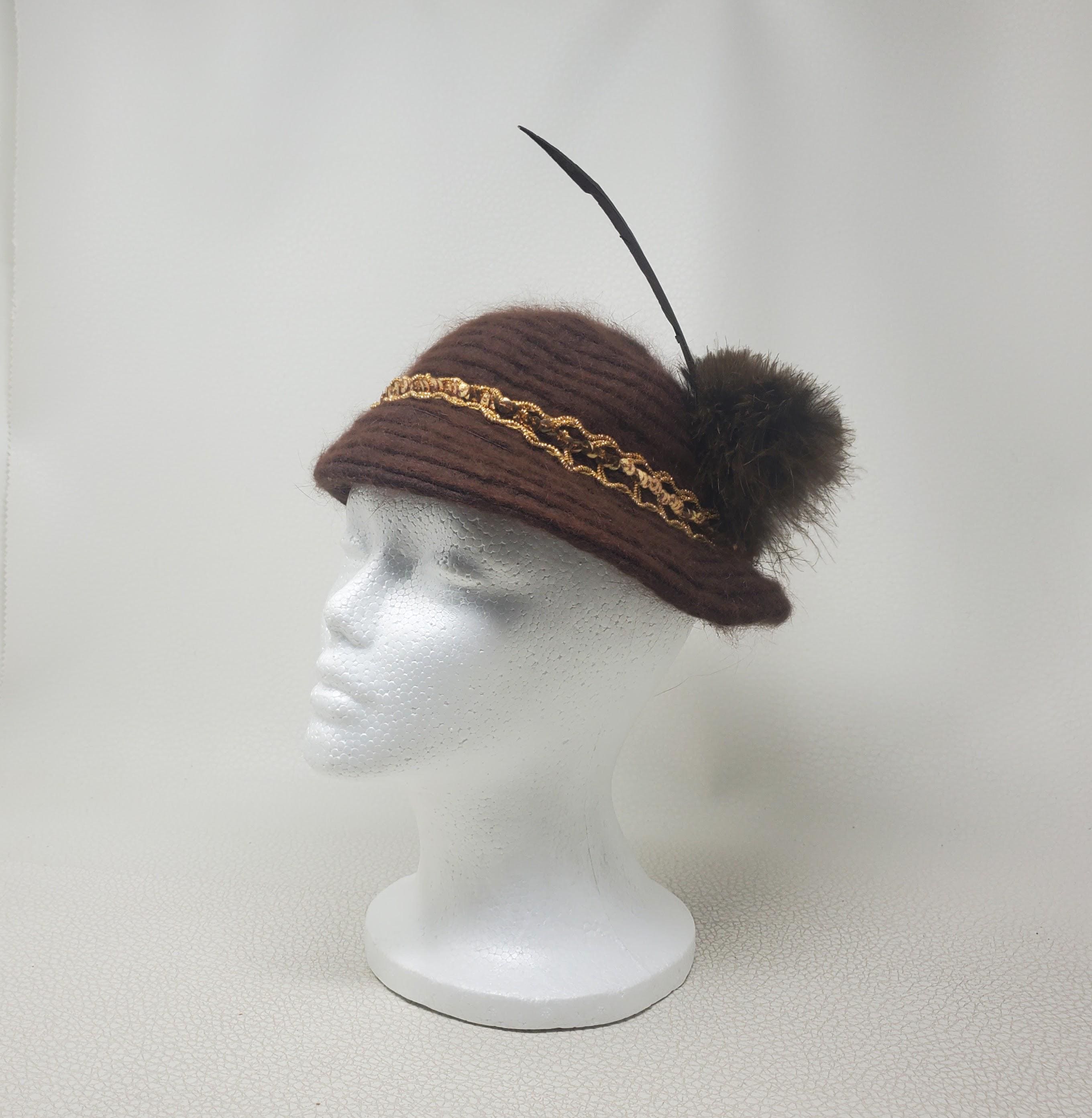 ONE-OF-A-KIND 1940s\' BROWN FELT TILT HAT +LARGE BOW &  FEATHER TRIM 1940s Brown Tilt Hat - Etsy main image 4