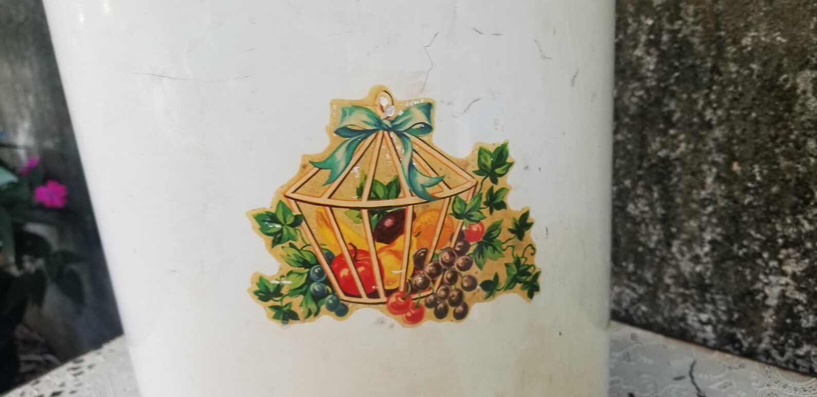 Vintage Creamy White Enamel Flip Top Trash Can with Fruit Etsy