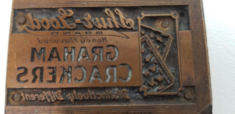Vintage Wood Letterpress Printing Block Shur Good Biscuit Company Graham Crackers Advertising Stamp