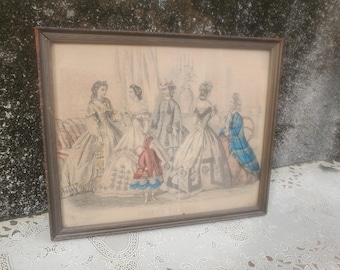 Antique Godey’s Fashion Plate Framed Lithograph Victorian Ladies Hand Colored Print