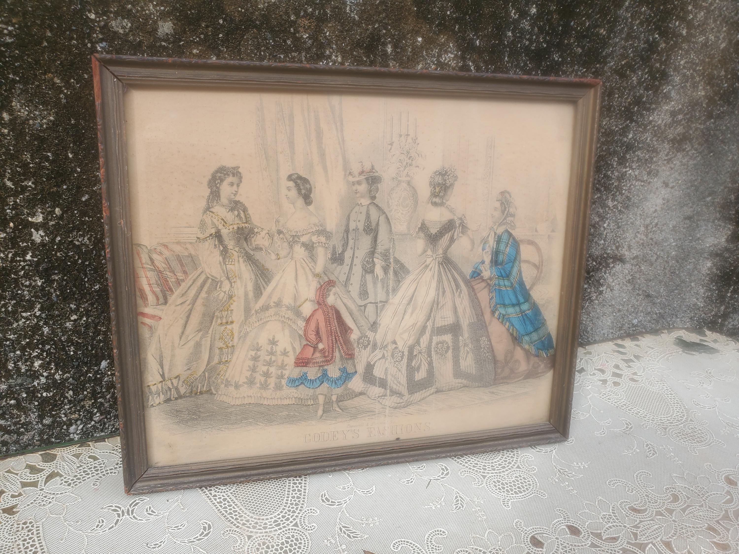 Antique Godey's Fashion Plate Framed Lithograph Victorian Ladies Hand Colored Print