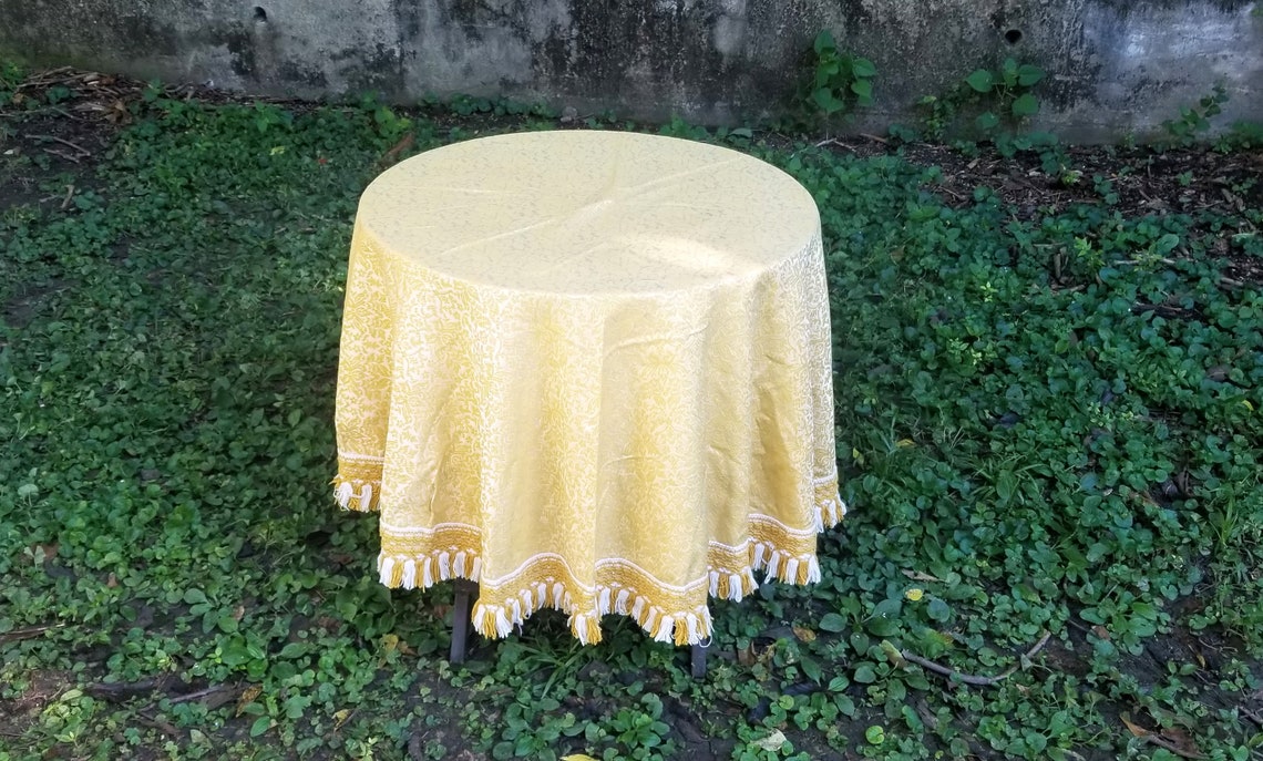 Vintage Yellow Damask Round 65 Inch Tablecloth with Vinyl Etsy