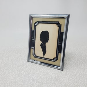 Vintage Art Deco Hand Cut Silhouette Portrait Young Woman with Glasses Chrome Frame