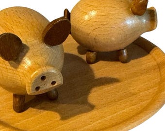 Piggy Wooden Salt Pepper Shakers Pigs On Tray MCM Kitsch Vtg teak