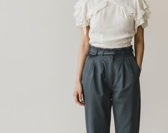 Vtg Women's 80s Leather Pants High Rise Gray Pleat Belted Taper Trousers SZ 12