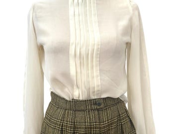 VINTAGE Cream Blouse Womens Size S Pleats Shirt Off White Back Buttons