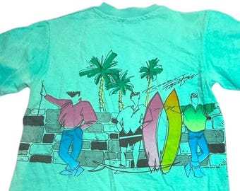 Vtg 80s OP Ocean Pacific Surf Graphic T-Shirt Cotton Teal Size S