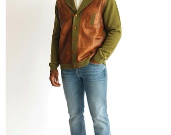 Vtg Men's Sweater Lucien Piccard Outerwear Leather MCM Jacket Size 42" 1960s