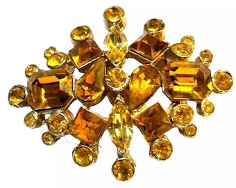 Vtg MCM Coro 1940s Signed BROOCH Pin Starburst Gold Cabochon & Rhinestone