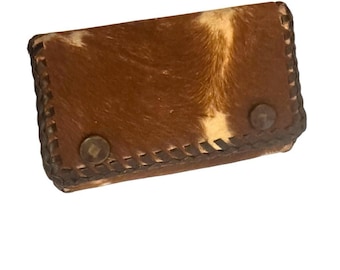 Vintage Fold Pony Hair Key Holder Cowhide Split Leather Brown Cream