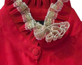 Vintage Red Crepe Blouse Gold Ruffle Collar Dress Top RED Color sz Med