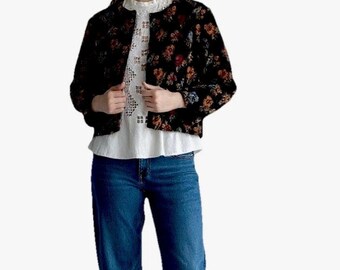 Vtg Brocade Chenille Jacket Flowers Cropped Swing Black by JOVI 1960s Sz S/M