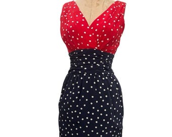 1980s VTG ALBERT NIPON Polka Dot Wiggle Dress Sz 8 Runs Small Mini Vee