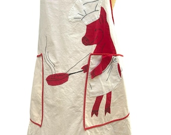 Vintage Schürze Koch Neuheit BBQ Humor Schwein Schwein Schwein Schwein 1950er Jahre Lustig Kochen Rot Weiß