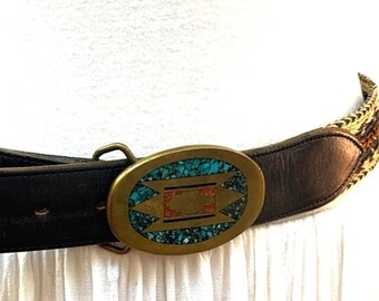 WESTERN Belt Woven Horse Hair Leather Size 32" Brown Vtg Brass Inlay Buckle