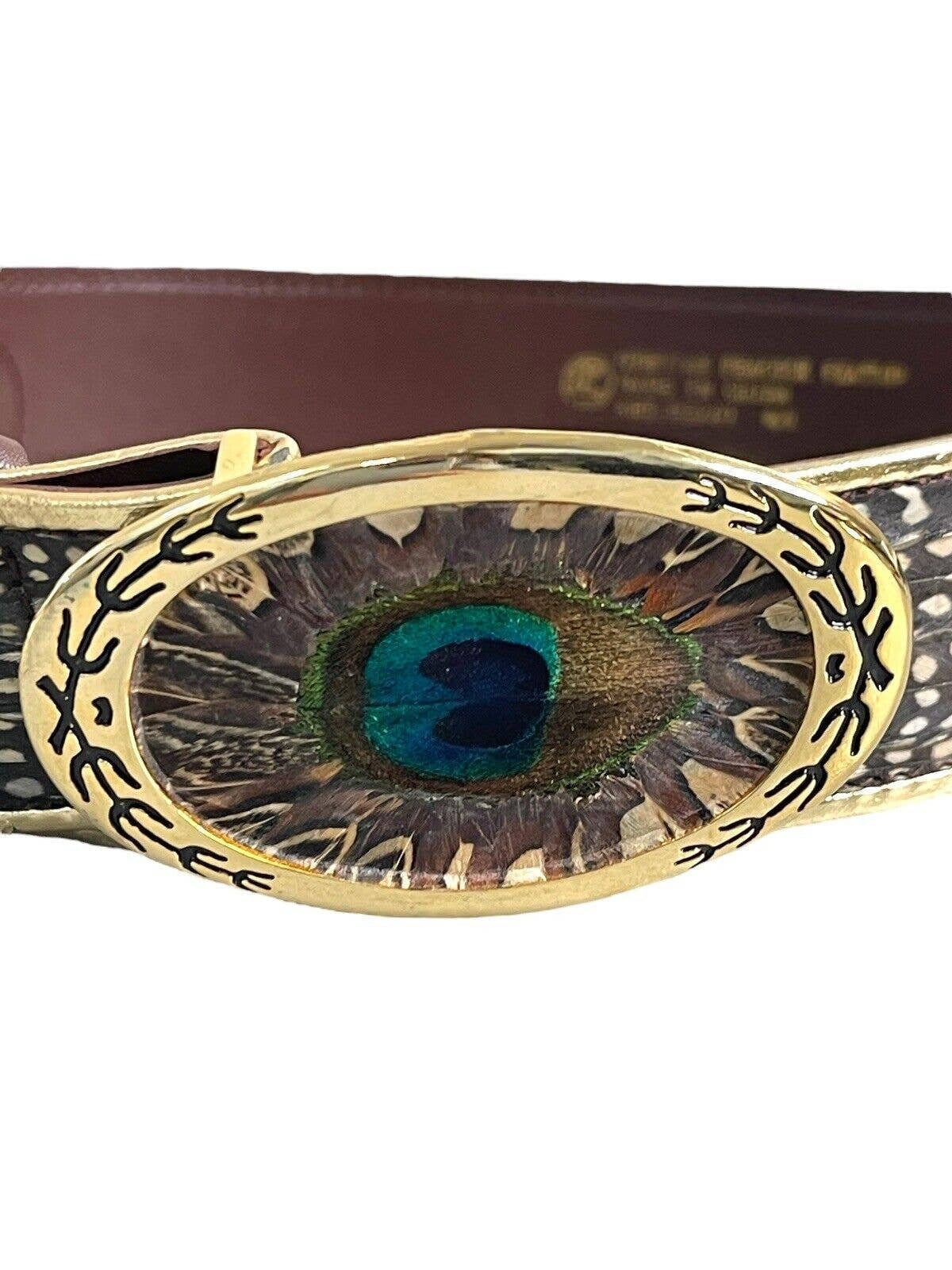 Leather Belt Womens PEACOCK Feathers Vtg Gold Buckle Med 32 