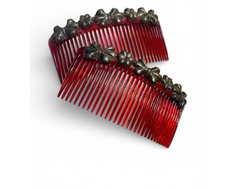 Vintage Silber Haarkämme Blumen Paar Schildkröte Bakelite Cognac Kamm