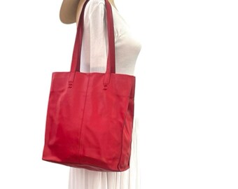 Benetton Leather Tote Red Shopping Bag Vtg 90s Soft Bag w Strap