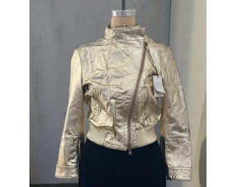 GIANFRANCO FERRE Bikerjacke Gold Leder Lame WOMEN'S Cropped Italien Gr. 36