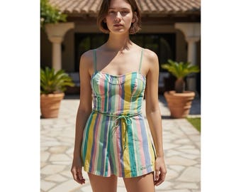 Vintage Meereswellen Baumwolle 60er Jahre Badeanzug Playsuit Strampler Bedruckt Pastell Gr. 10