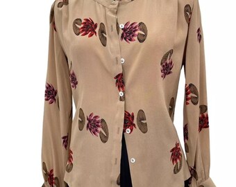 Carole Little ST TROPEZ Silk Crepe Floral Blouse Button Up Vintage sz S/M