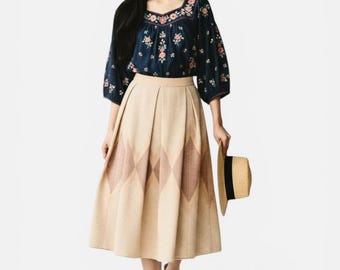 Vtg Chenille Texture Cotton Circle Skirt Handmade Pleated Twirl Size Small OAK