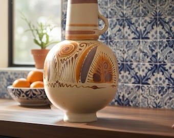 Hand-Painted Tonala Clay Water Jug with Cup – Earth Tone Decor