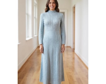 Vintage 60/70's PICARDO KNITS Kleid Blau Pointelle Maxi w Silber Lurex Sz Medium