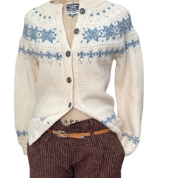 Vintage Dale of Norway 100% Wool Cardigan Sweater Ivory  Fair Isle Snowflakes S/36
