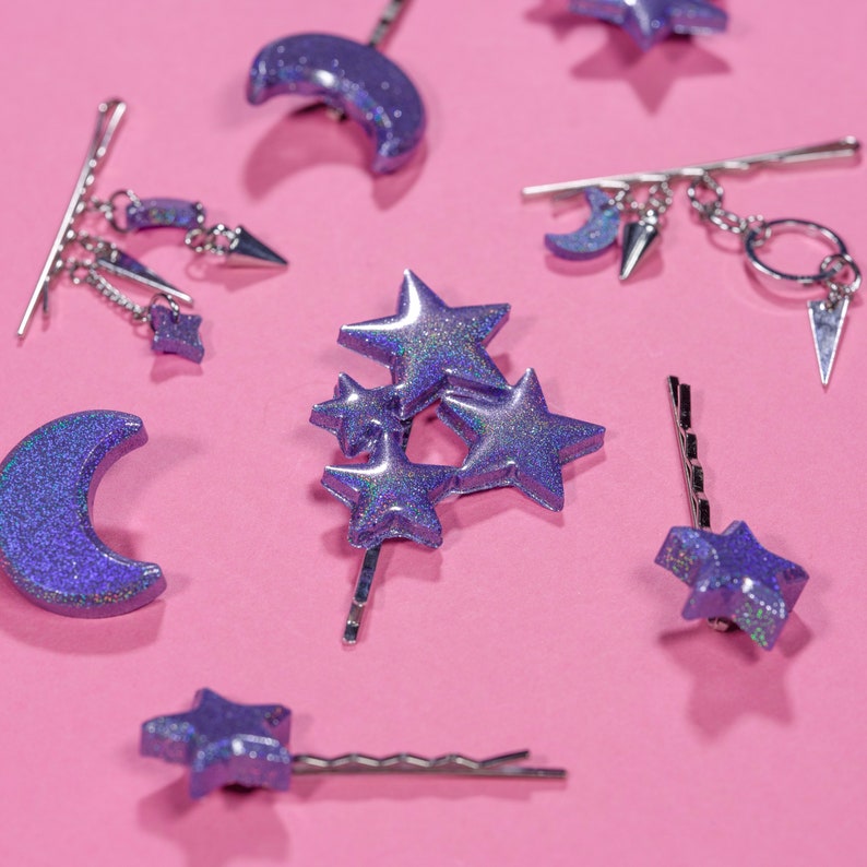 Holographic Star /& Moon Hair Pin Set Pink or Lilac