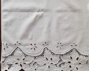 Embroidered Grape Leaf Curtain: Vintage White Cotton Cutwork, Size 49" x 17"