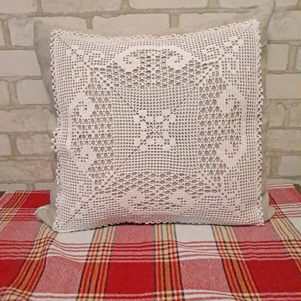 Gray hemp pillowcase 20"x19", White crochet lace, Eco friendly gift, Vintage pillow cover for your home, Retro pillow sham, Unique gift idea