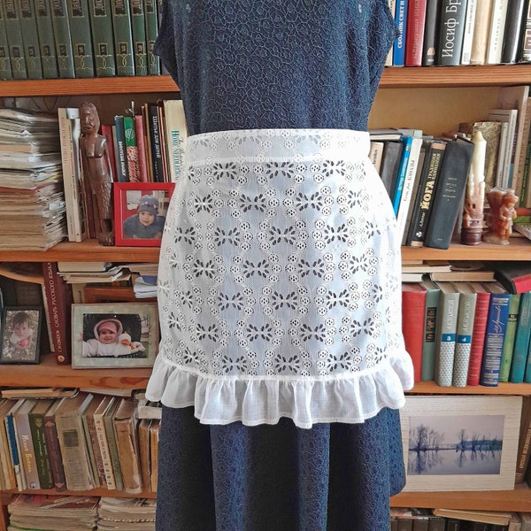 White hostess apron for women's, Polyester lace fabric, Vintage clothing accessories, Guipure cloth, Kitchen textiles, Unique gift idea