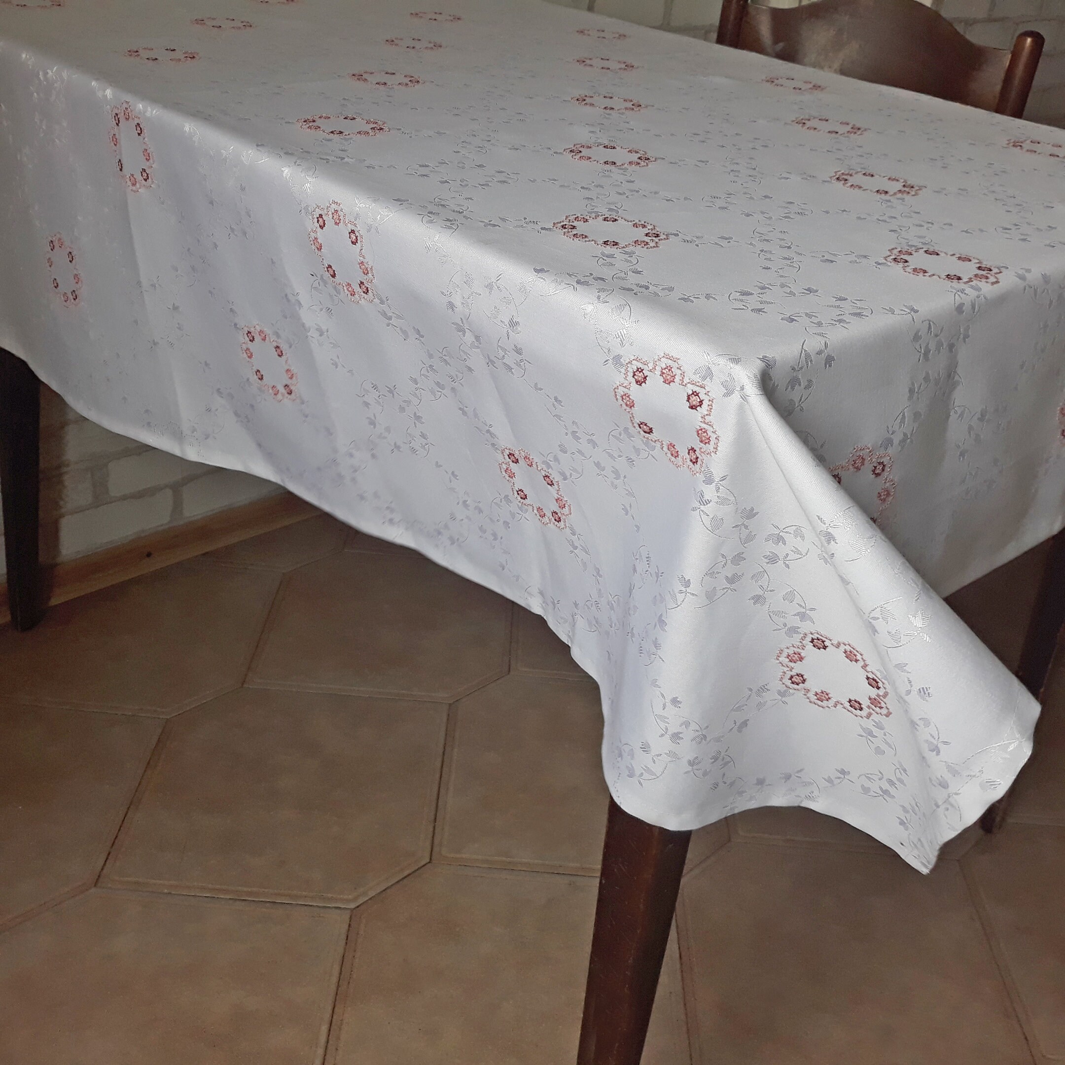 White tablecloth with embroidered pink flowers Floral Etsy