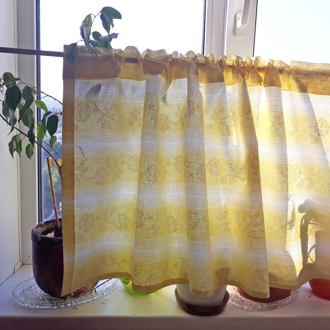 Yellow striped curtain with white roses Handmade primitive Etsy
